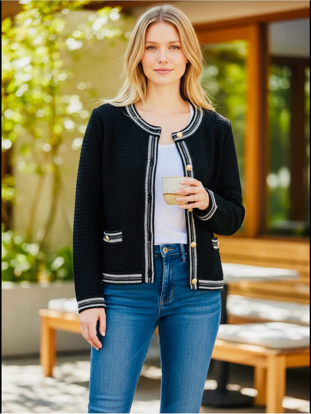 Liz Claiborne Black Cardigan with White Trim and Gold-Tone Buttons